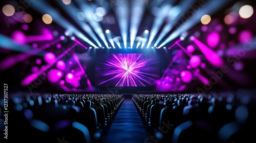 A professional conference setting with politicians mingling in the audience, dynamic lighting and a central stage creating a formal atmosphere photo