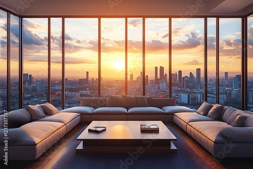 Large windows offer stunning views of the city skyline bathed in the warm glow of sunset, creating a luxurious and relaxing atmosphere in a contemporary living room