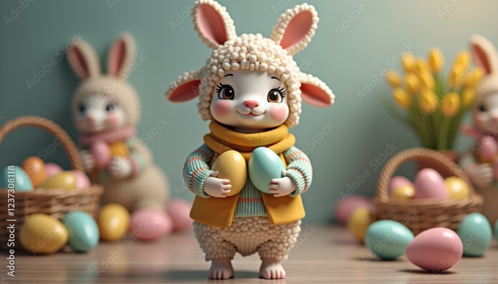 Fototapeta premium Realistic Easter lamb in modern clothing holding gifts in festive setting