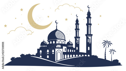 Islamic Mosque Under Crescent Moon and Stars