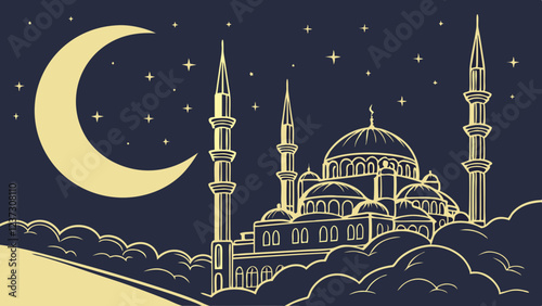 Islamic Mosque Under Crescent Moon and Stars