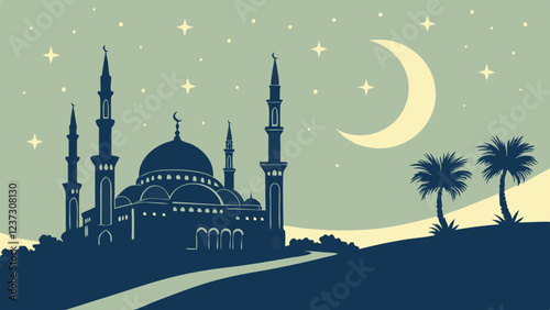 Islamic Mosque Under Crescent Moon and Stars