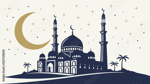 Islamic Mosque Under Crescent Moon and Stars