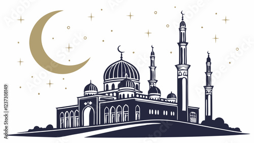 Islamic Mosque Under Crescent Moon and Stars