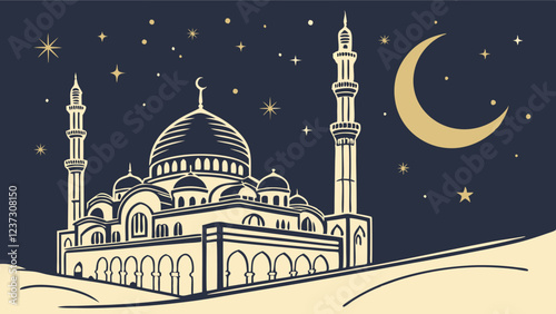 Islamic Mosque Under Crescent Moon and Stars