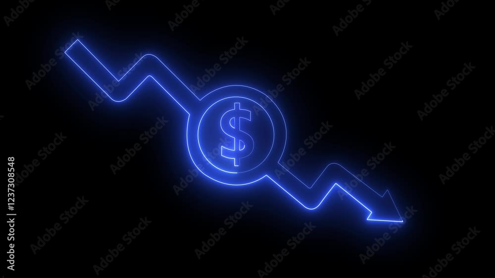 Money loss concepts. Cash down, arrow and dollar stocks graph, market fall. neon down arrow stocks graph with black background.