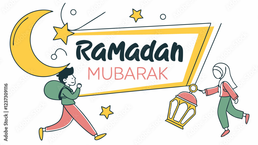 Fototapeta premium Ramadan Mubarak Festive Illustration with Lantern, Crescent Moon, and Stars
