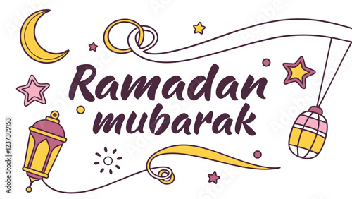 Ramadan Mubarak Festive Illustration with Lantern, Crescent Moon, and Stars