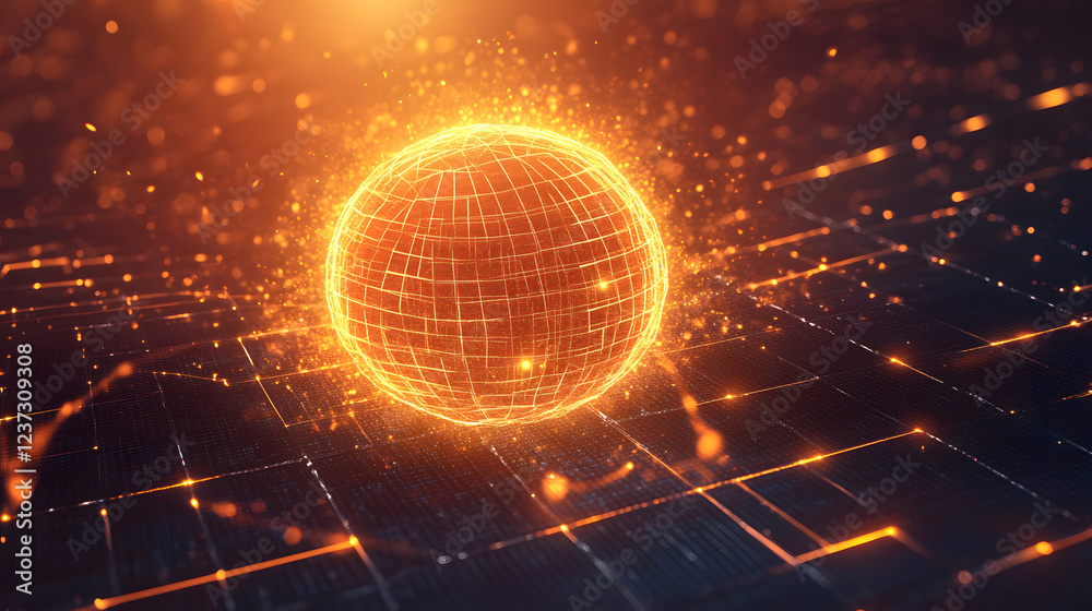 Obraz premium Futuristic logo design combining a sun and solar panel grid, representing a smart renewable energy network.