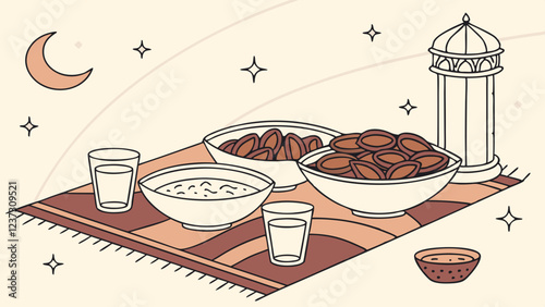 Traditional Ramadan Iftar Meal Setting with Dates and Drinks