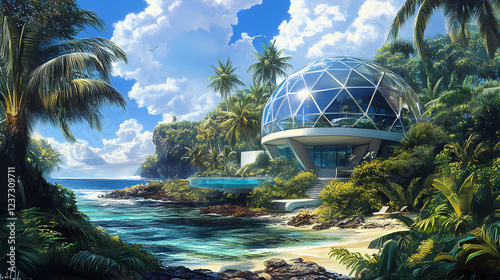 Stunning high-end photography of an eco-friendly geodesic dome home amidst a tropical paradise. Solar Punk. Illustration