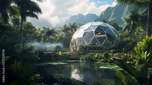 Stunning high-end photography of an eco-friendly geodesic dome home amidst a tropical paradise. Solar Punk. Illustration