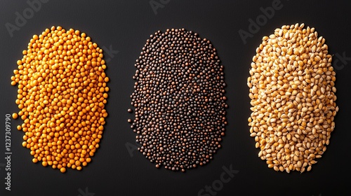 Close-up, top view of black roasted malt grains scattered over a roasted barley background, rich texture perfect for alcohol production themes photo