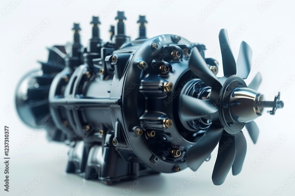 Fototapeta premium Black engine with propeller blades and intricate details. AI generative. .