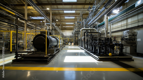 A dramatic wide-angle shot of a heat exchanger system with deep shadows on a bright factory floor, surrounded by numerous pipes and tools, with visible sunlight streaming through skylights
