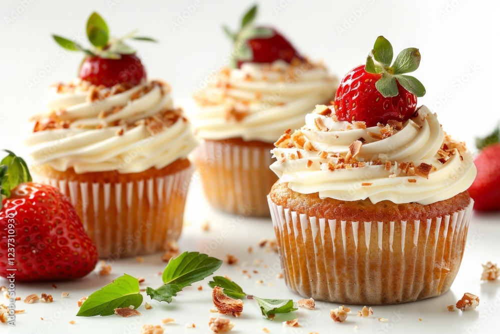 Cupcakes with vanilla frosting and a strawberry on top, sprinkled with nuts and a sprig of mint. AI generative. . Cupcakes with vanilla frosting and a strawberry on top, sprinkled with nuts and a sprig of mint. AI generative. .