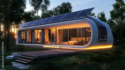 Futuristic smart home with solar panels and energy storage on the roof, promoting sustainability and energy independence.