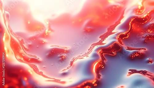 A glossy liquid surface shimmering with pink and red hues. Light sparkles reflect, evoking warmth and passion. The abstract pattern resembles the magical interplay of fire and water. High quality 3d