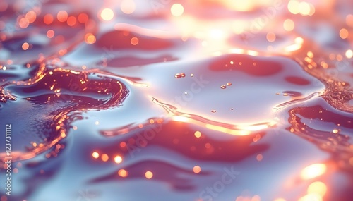 A glossy liquid surface shimmering with pink and red hues. Light sparkles reflect, evoking warmth and passion. The abstract pattern resembles the magical interplay of fire and water. High quality 3d