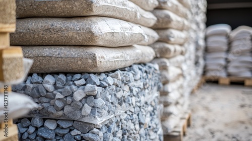 Large transparent bags filled with gravel and sand are stacked neatly on pallets in a warehouse, showcasing modern storage and distribution methods for construction materials photo