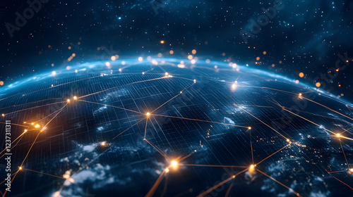 Futuristic solar energy grid with interconnected solar panels, distributing energy to a global network. photo