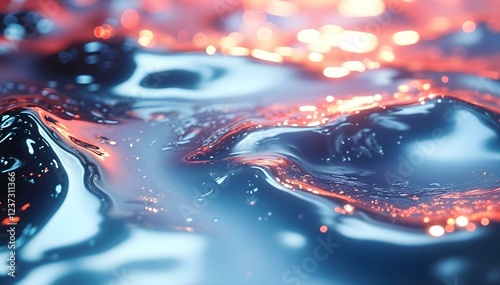 A glossy liquid surface shimmering with pink and red hues. Light sparkles reflect, evoking warmth and passion. The abstract pattern resembles the magical interplay of fire and water. High quality 3d