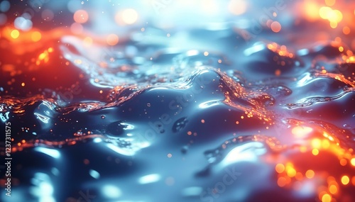 A glossy liquid surface with shimmering orange and blue lights creates an atmosphere of futurism and energy. Wave-like textures, glowing particles, and smooth color transitions add depth, motion, and