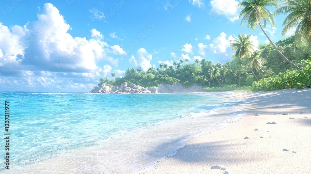 Fototapeta premium Tropical beach paradise, sunny sky, calm ocean, lush vegetation. Vacation travel poster