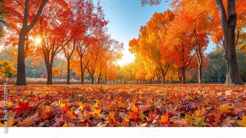 Autumn forest scene with colorful leaves on the ground. AI generative. . photo