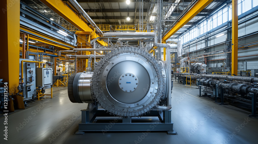 Fototapeta premium A dynamic wide shot showing a heat exchanger in an industrial setting, with the surroundings visible and the machinery illuminated by natural light from windows, open, airy