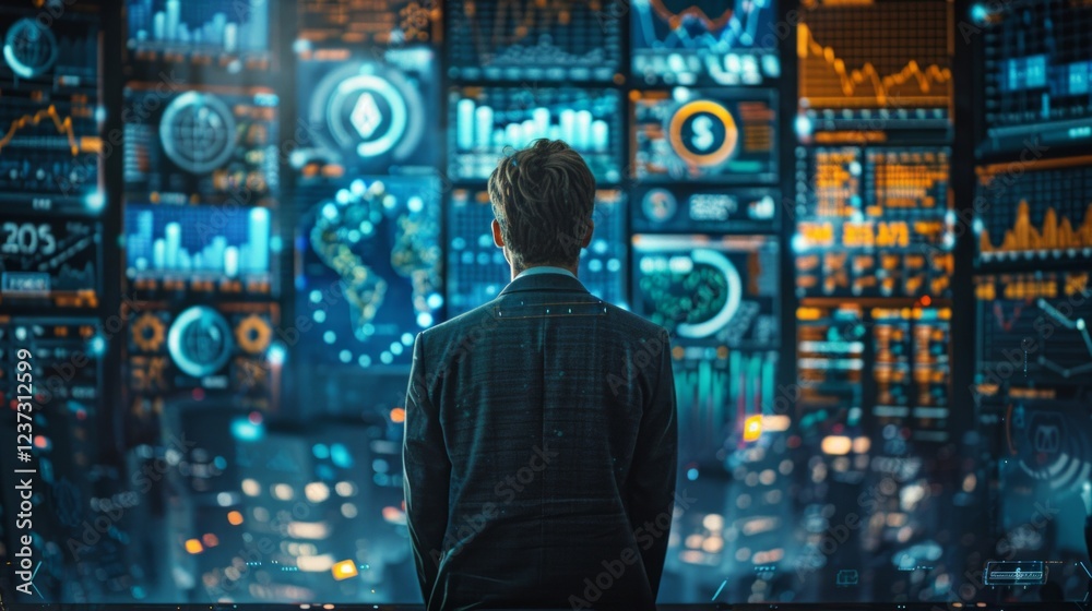 A man in a suit stands before a wall of screens displaying data and charts. AI generative. . A man in a suit stands before a wall of screens displaying data and charts. AI generative. .