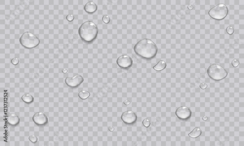 Vector water drop, drops, droplets. PNG drops, condensation on glass, on various surfaces. Realistic drops on a transparent background. Rain and dew.