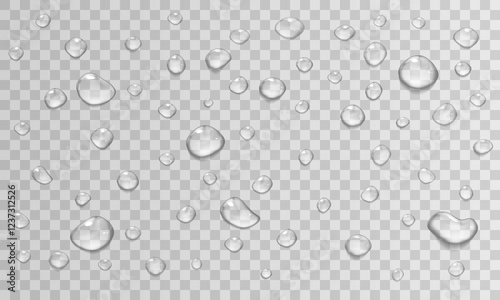 Vector water drop, drops, droplets. PNG drops, condensation on glass, on various surfaces. Realistic drops on a transparent background. Rain and dew.