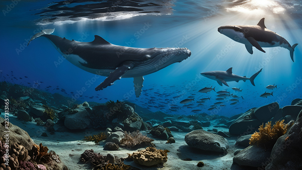 Obraz premium A breathtaking underwater seascape, a rocky seabed covered in coral and seaweed
