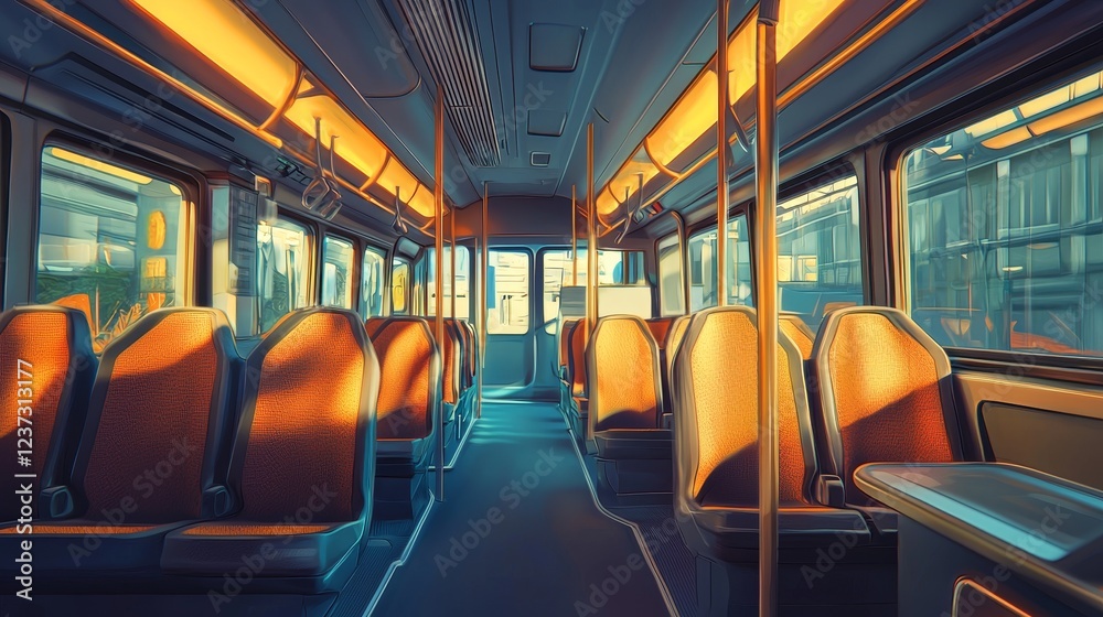 Fototapeta premium A sleek school bus interior with ergonomic seats, clean lines, and soft ambient lighting, emphasizing comfort and modern minimalism, digital illustration, warm tones