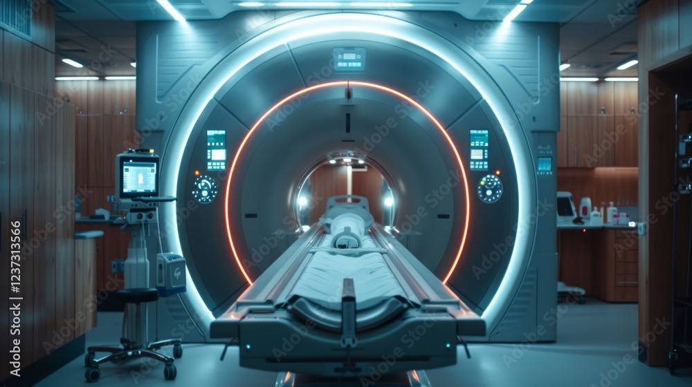 Fototapeta premium Empty medical scanning machine with a bright orange ring inside. AI generative. .