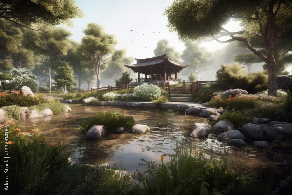 A serene Asian-inspired garden with a wooden gazebo, winding stream, lush greenery, and large stones. AI generative. . A serene Asian-inspired garden with a wooden gazebo, winding stream, lush greenery, and large stones. AI generative. .