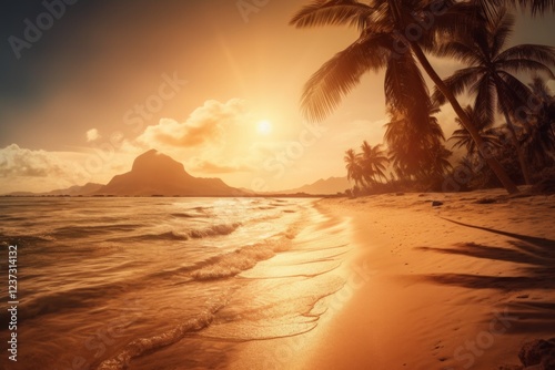 Golden sunset over a tropical beach with palm trees and ocean waves. AI generative. .