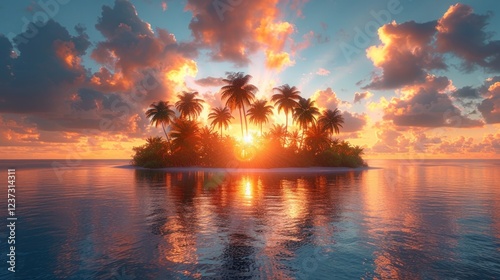 Tropical island with palm trees at sunset, reflecting in the water. AI generative. . photo