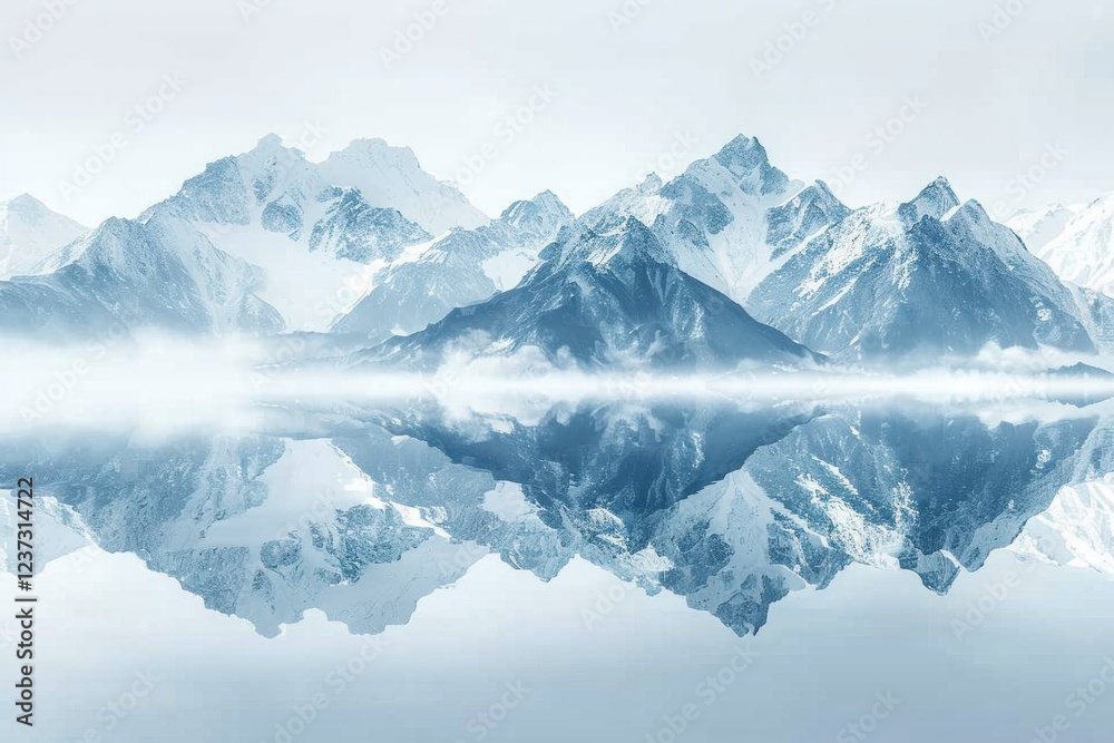 Snowy mountain peaks reflected in a still lake. AI generative. . Snowy mountain peaks reflected in a still lake. AI generative. .