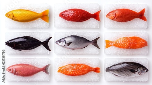 fishmonger selecting fresh fish, vibrant market scene, variety of fish on ice, detailed textures, dynamic colors, isolated on white background photo