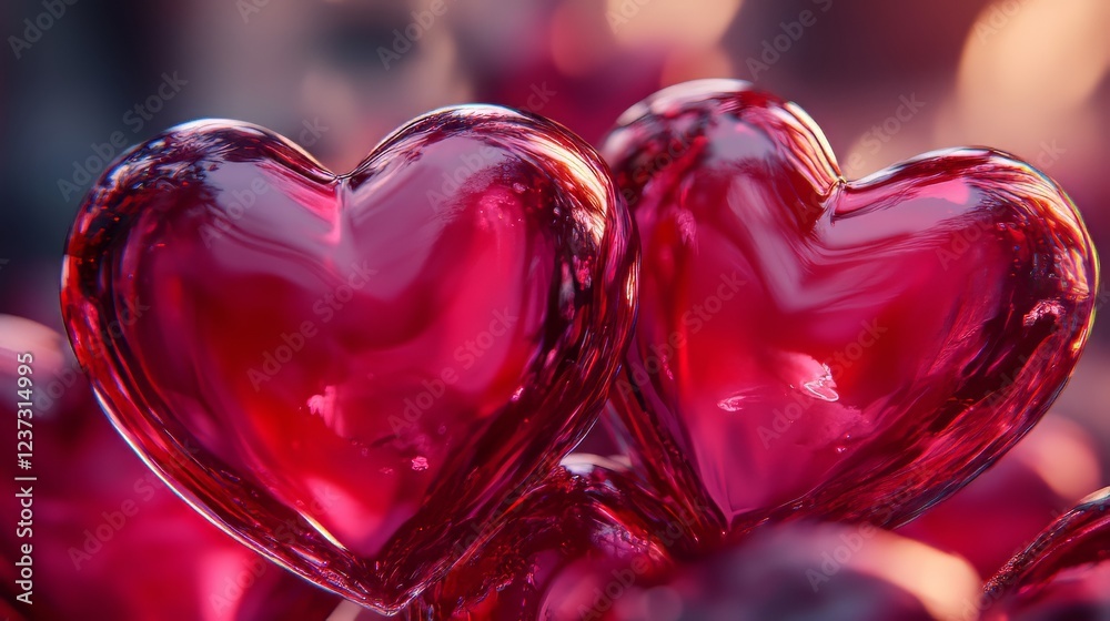 Fototapeta premium Two glistening red hearts close-up.