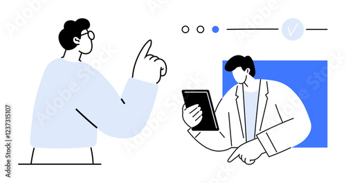 Businessman raising a hand while another holds a tablet, emphasizing a point. Ideal for business meetings, discussions, strategy planning, teamwork, communication, project management, brainstorming