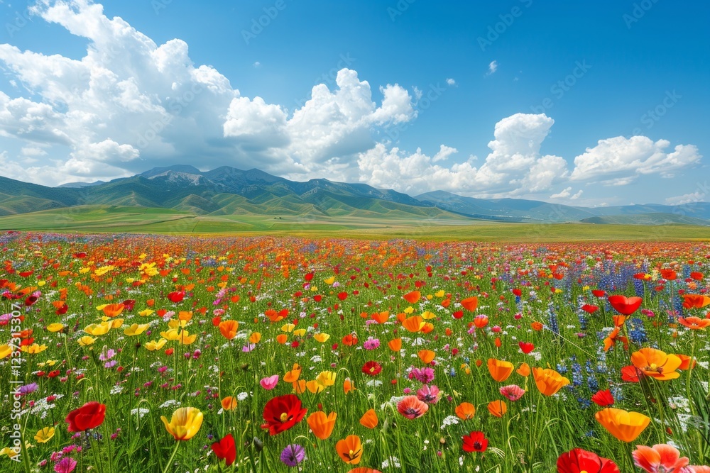 Colorful wildflowers bloom in a lush field with mountains and a bright blue sky in the background. AI generative. . Colorful wildflowers bloom in a lush field with mountains and a bright blue sky in the background. AI generative. .