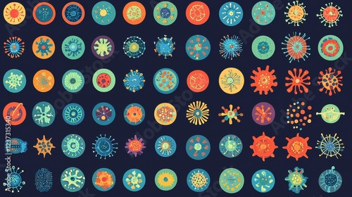 Icon grid of brightly colored viruses and bacteria in flat style, each labeled with scientific terms for educational purposes photo