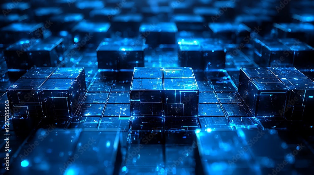 Obraz premium Blue digital cubes network; data flow, technology background; abstract concept for tech websites.