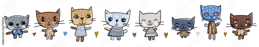 Fototapeta premium Cute set with hand drawn doodle vector cats in simple childish style for nursery decor