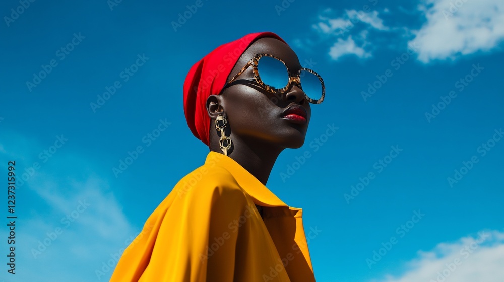 Portrait of a person with a red headscarf yellow jacket and stylish sunglasses against blue sky Portrait of a person with a red headscarf yellow jacket and stylish sunglasses against blue sky