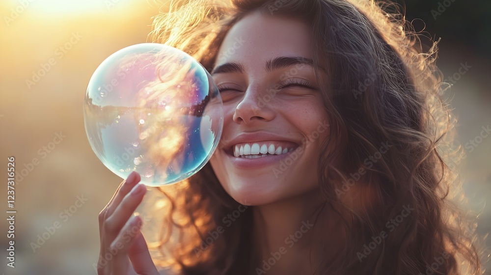 Smiling Woman Holding a Transparent Thought Bubble Floating Gently in the Air Smiling Woman Holding a Transparent Thought Bubble Floating Gently in the Air