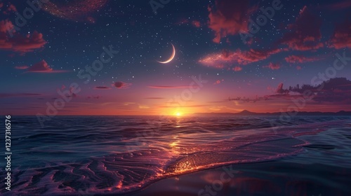 A colorful sunset over a calm ocean with a crescent moon in the sky. AI generative. . photo